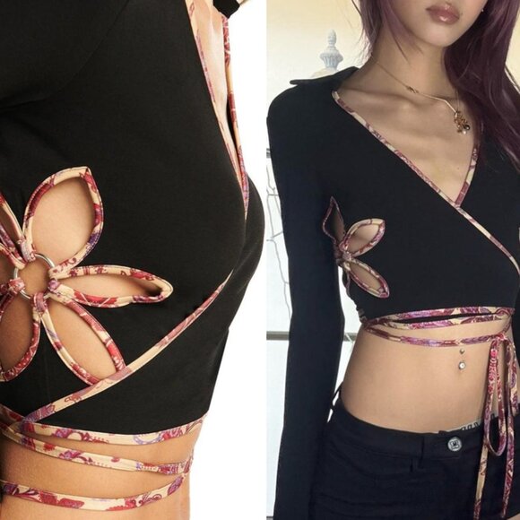 I.AM.GIA Tops - I.AM.GIA Renalee Wrap Crop Top Black Medium Cut-Out Side Flowers
